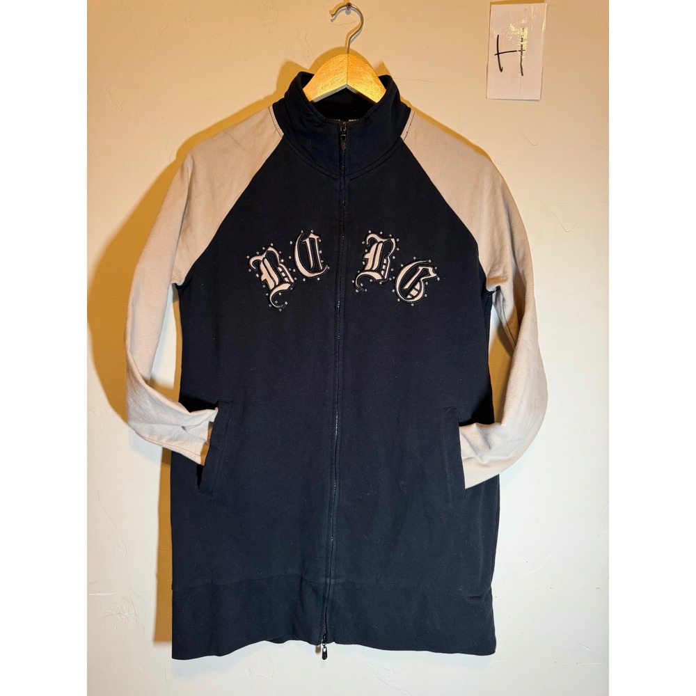 Y2K BCBGMAXAZRIA Jacket Longline Gothic Logo Rhinestone Black Grey XL